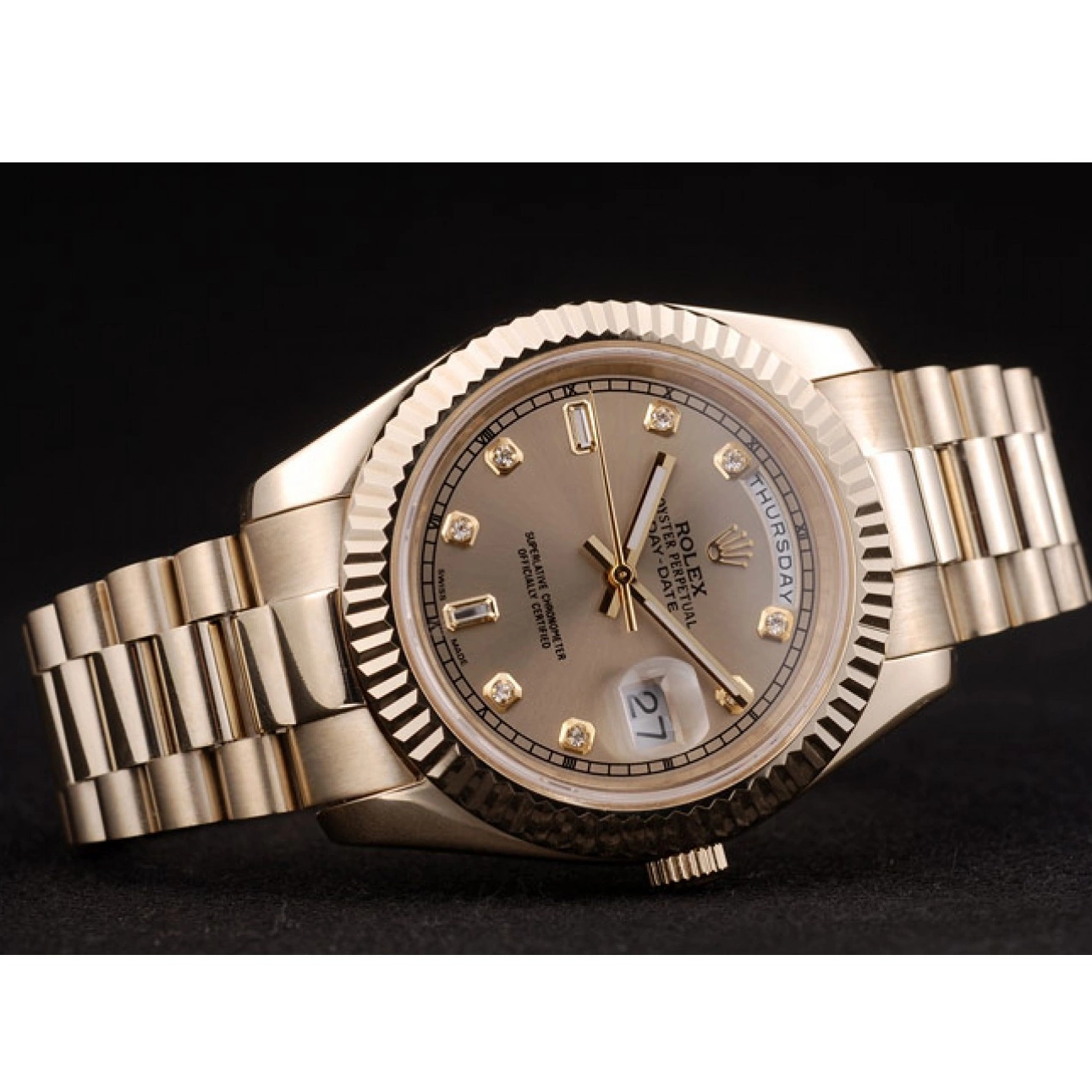 Aaa replica watch 41997 Rolex Gold Ribbed DayDate Swiss Dial Steel Bezel Stainless Gold 0726